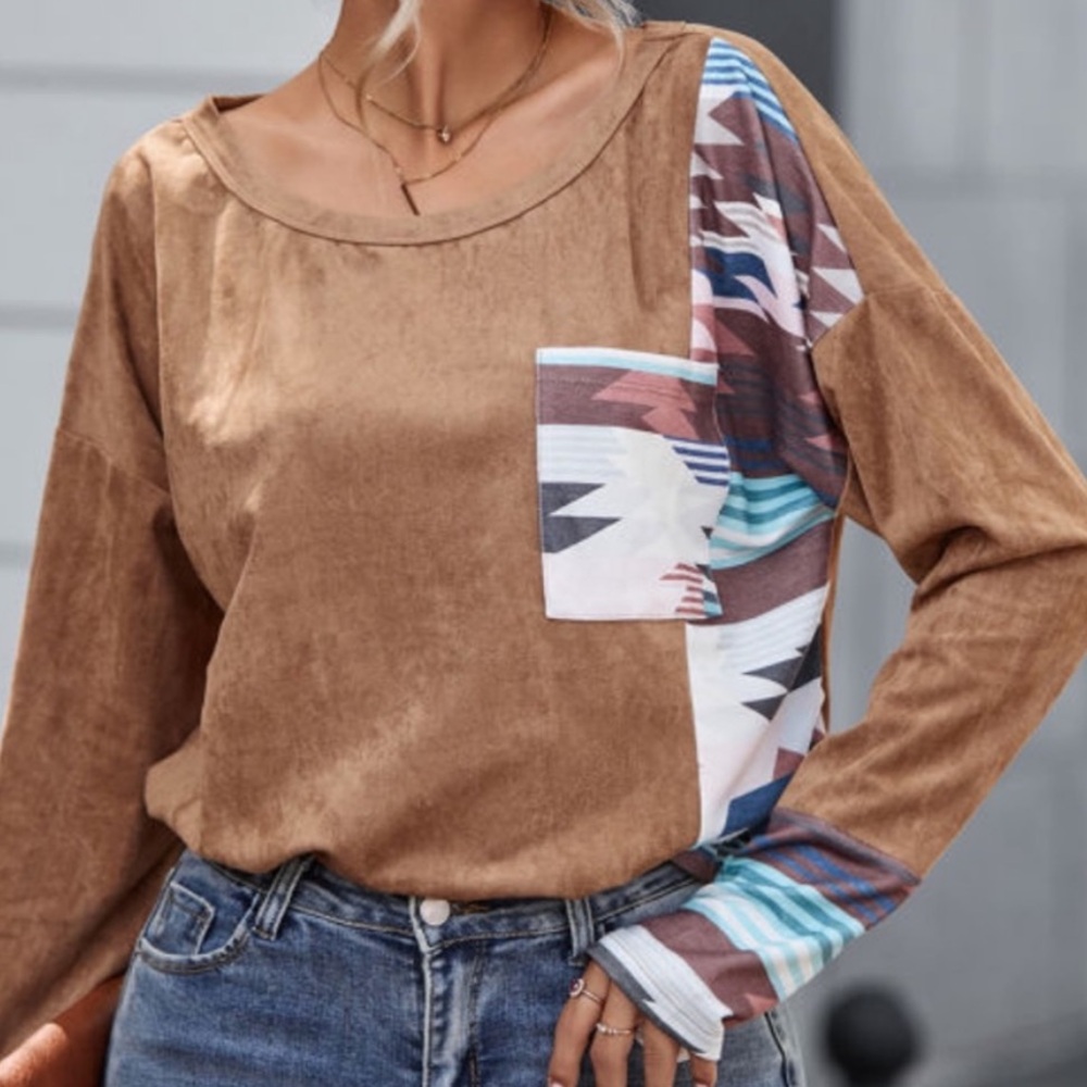 🌵Soft Brown Suedette Aztec Print Front Pocket Long Sleeve Top - Picture 6 of 13